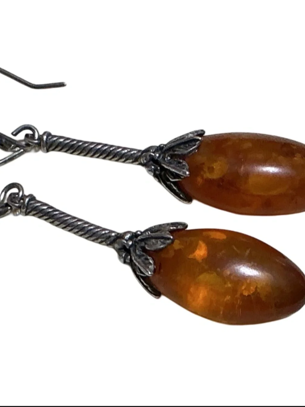 Vintage Genuine Amber Sterling Silver Drop Dangle Earrings 1.75